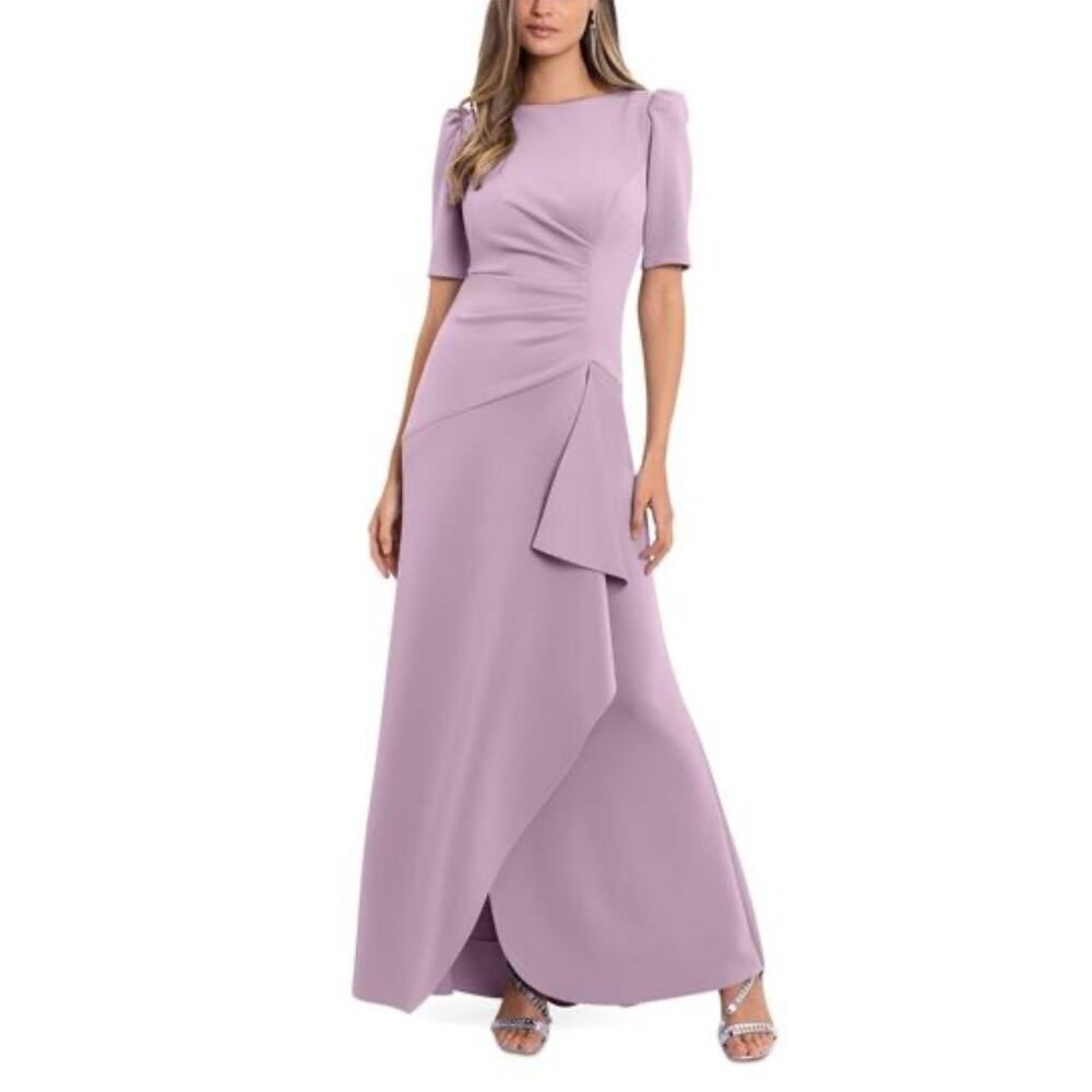 Xscape Rose Lilac Side Ruched Ruffle Detailed Scuba Crepe Gown - Size 6 - NWT